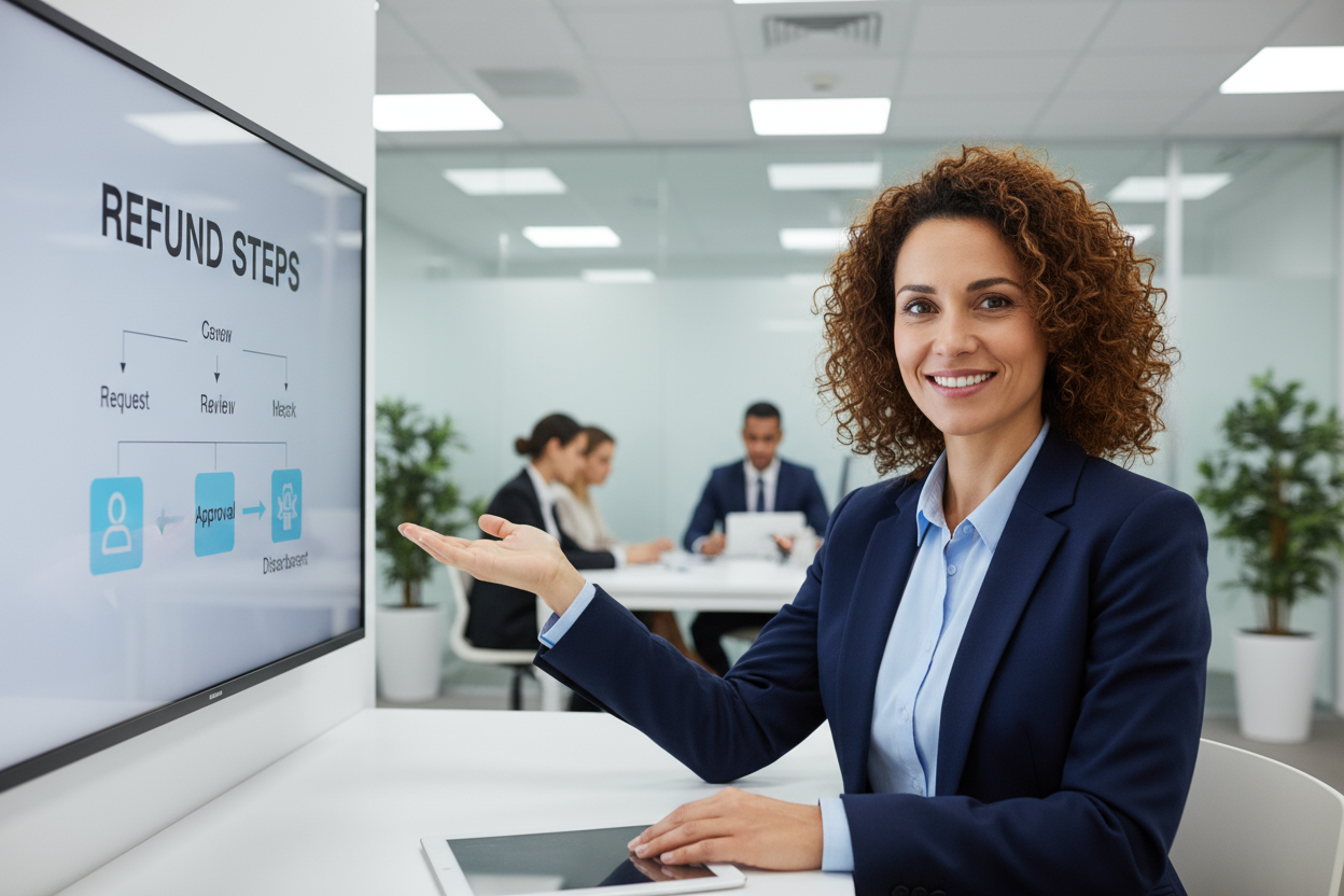 A customer service representative explains the refund process with a kind and sincere demeanour, presenting a clear and professional image that is approachable and friendly.