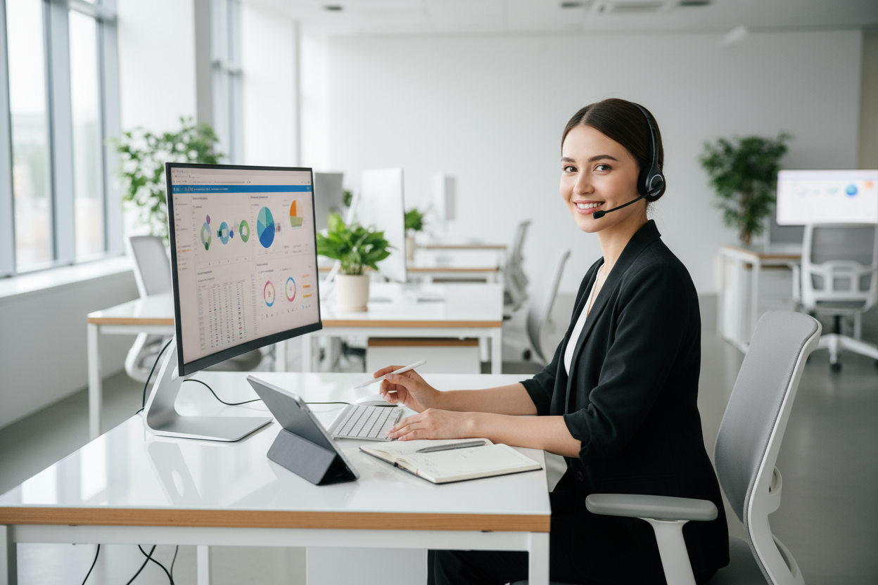 A customer service representative is handling calls with a kind and sincere demeanour, the image being clear and clean.