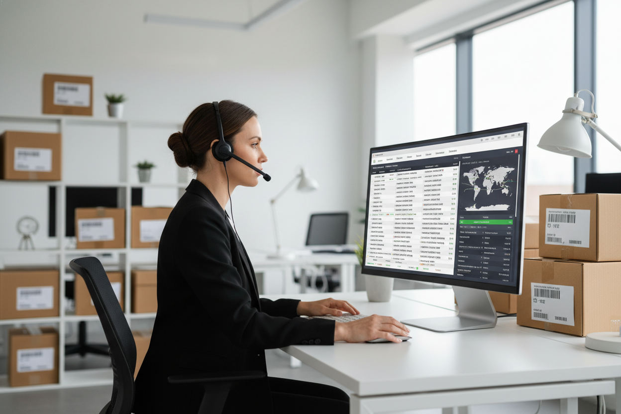 A customer service representative is helping to check logistics information.