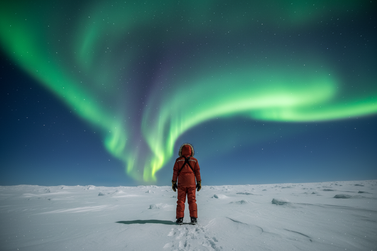Depict an explorer in the Arctic admiring the aurora borealis, with faint constellations visible in the distance. The scene must be authentic, clear, and aesthetically pleasing, emphasising the stark contrast between nature and humanity.