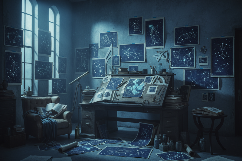 I require a photograph of a studio featuring design drawings of constellations, with a mysterious aesthetic and predominantly cool colour palette.