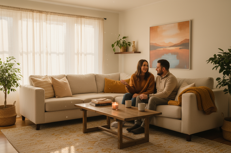 I require an image depicting a couple conversing in their living room at home, conveying a relaxed and harmonious atmosphere with a warm colour palette.