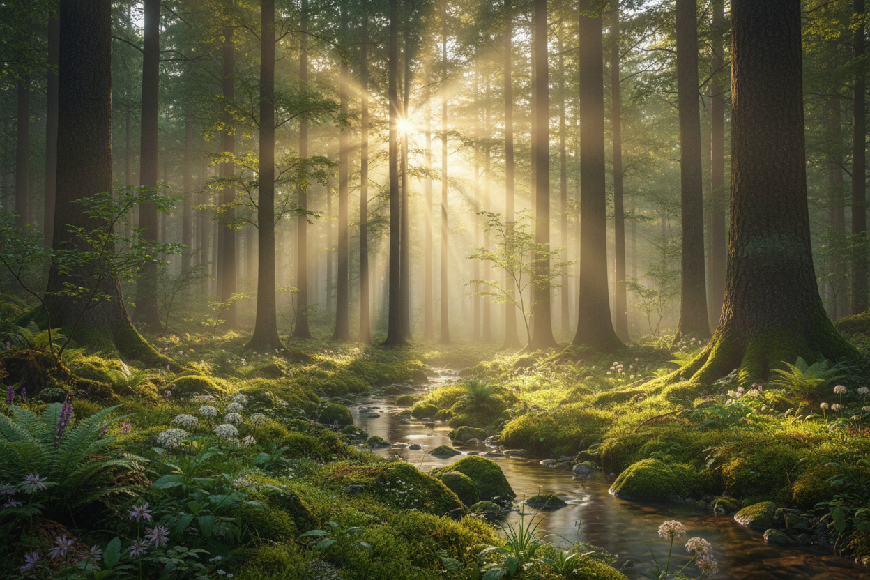 Please generate an image of a forest that conveys an eco-friendly, natural, and refreshing atmosphere.