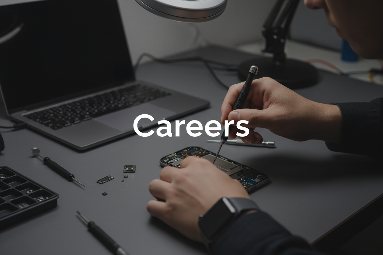 Professional product photography of a close-up shot of a technician's hands wearing a smartwatch, meticulously repairing a smartphone with a screwdriver on a clean workbench. A laptop and other tools are visible in the blurred background. The image is sharply focused on the hands and tools, with a shallow depth of field. The color scheme is minimalist, dominated by dark gray, black, and metallic tones. The text "Careers" is prominently overlaid in a clean, modern, white sans-serif font at the center of the 
